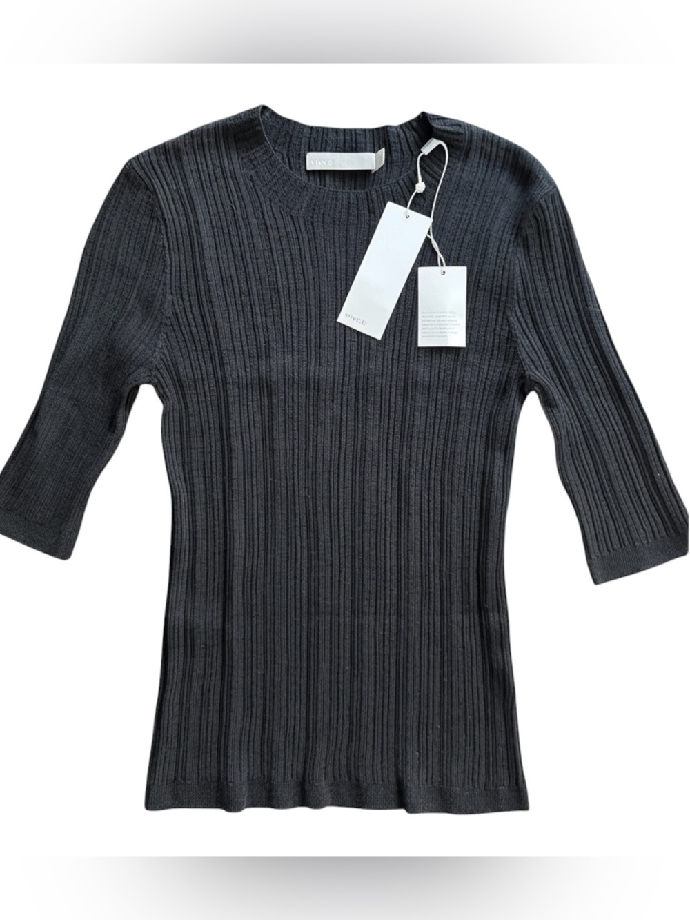 Vince Ribbed-knit Fine Short-Sleeve Crew Neck Top Light Sweater Black Sz S | NWT